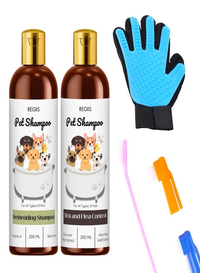 REGIIS Pet Grooming Set with Deshedding and Tick Control Shampoo, 200 ML Each, Blue Pet Grooming Glove, Brush Kit for Dogs and Cats - Image 1